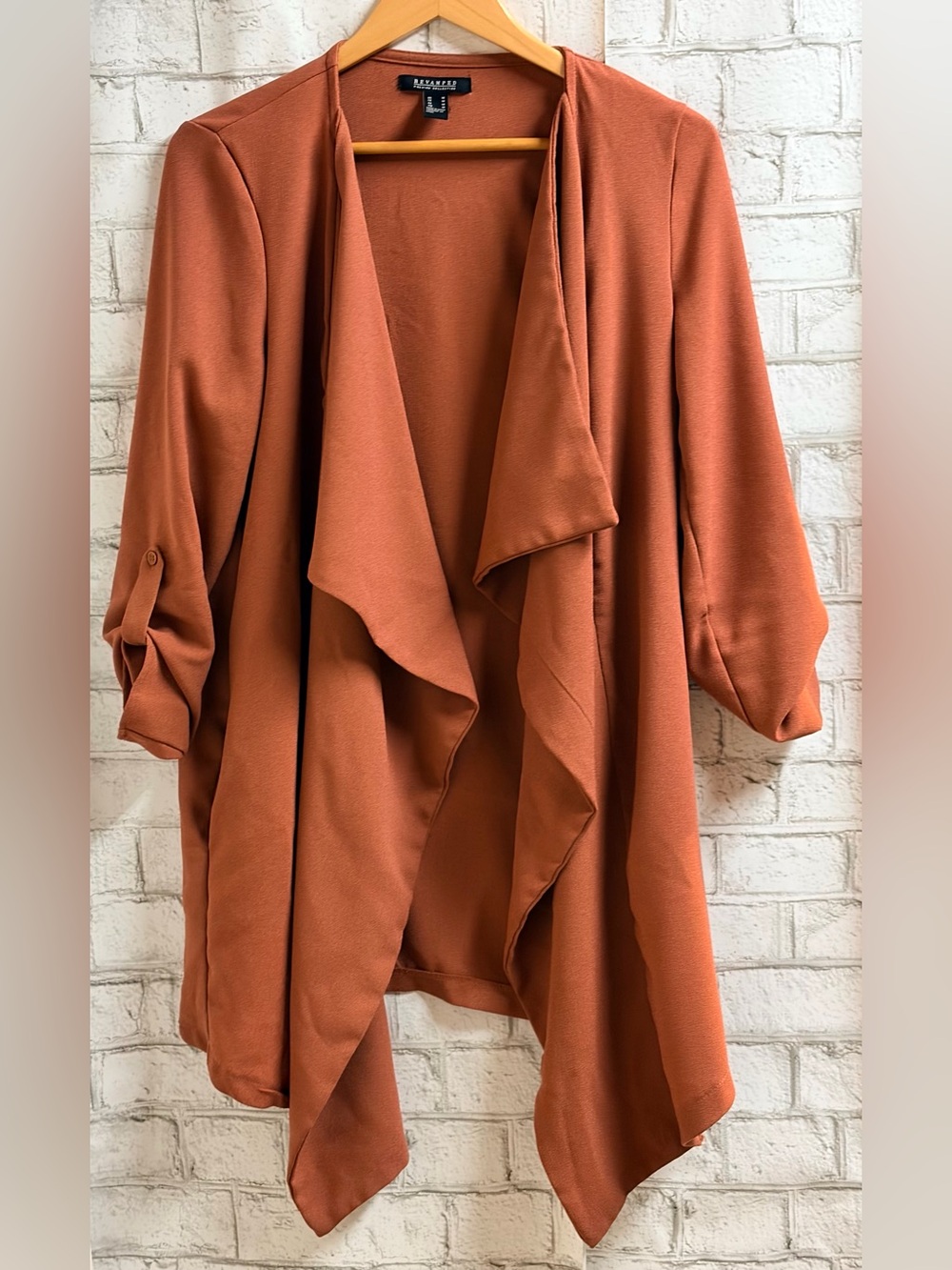 Revamped Rust Open-Front Waterfall Blazer Duster Dress Jacket